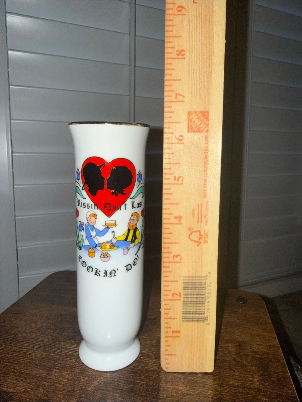 White Glass Decorative Vase with Red Heart Graphic